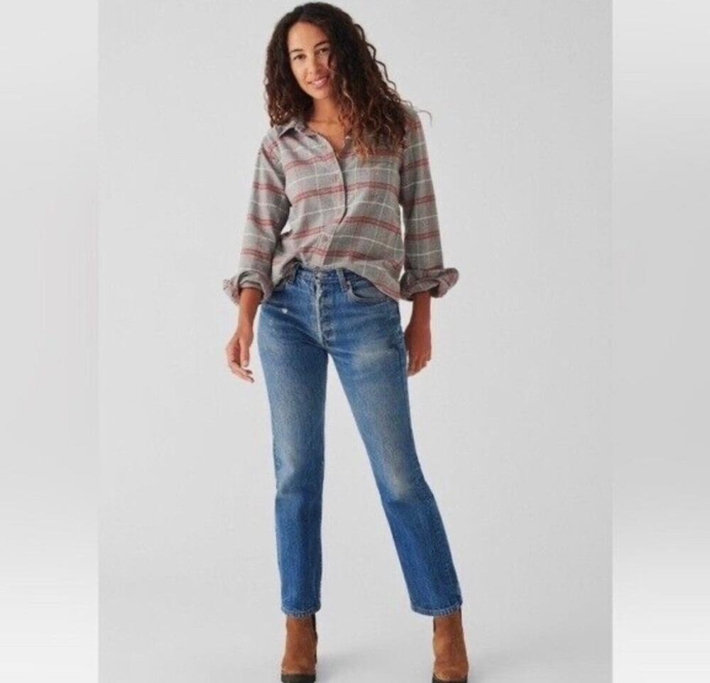 Faherty Juliet Classic Grey Red Brushed Plaid Flannel Button Down Shirt Medium